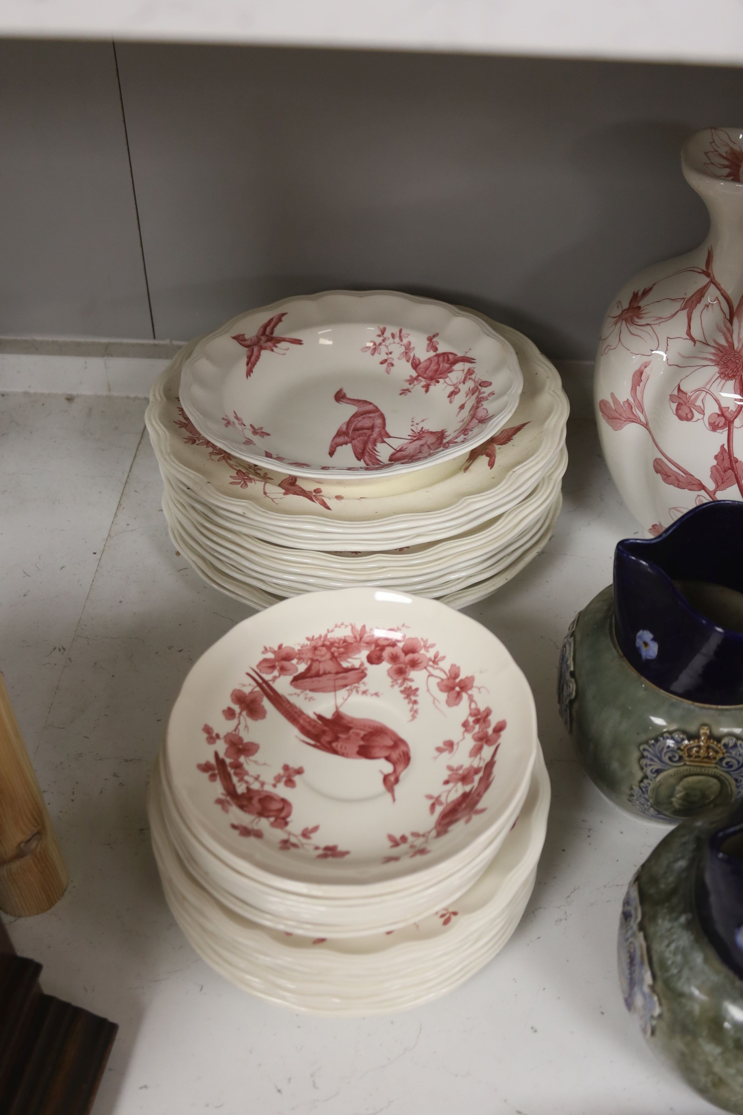 A pair of Doulton commemorative jugs, cat pail, miniature tyg and Staffordshire flatback, 40cm